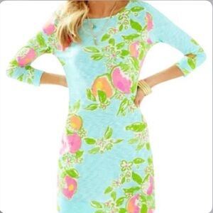 Lilly Pulitzer Dress Blue Pink Floral Lemon Print Long Sleeve Scoop Neck
